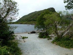 A rocky lakeside beach