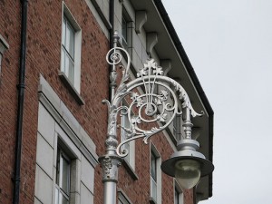 Multiple shamrocks on this streetlamp