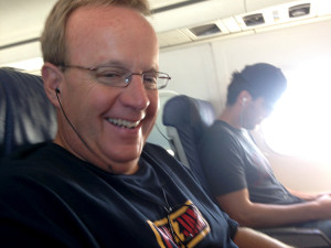 Kevin listening to a PJ boot on the flight to CVG